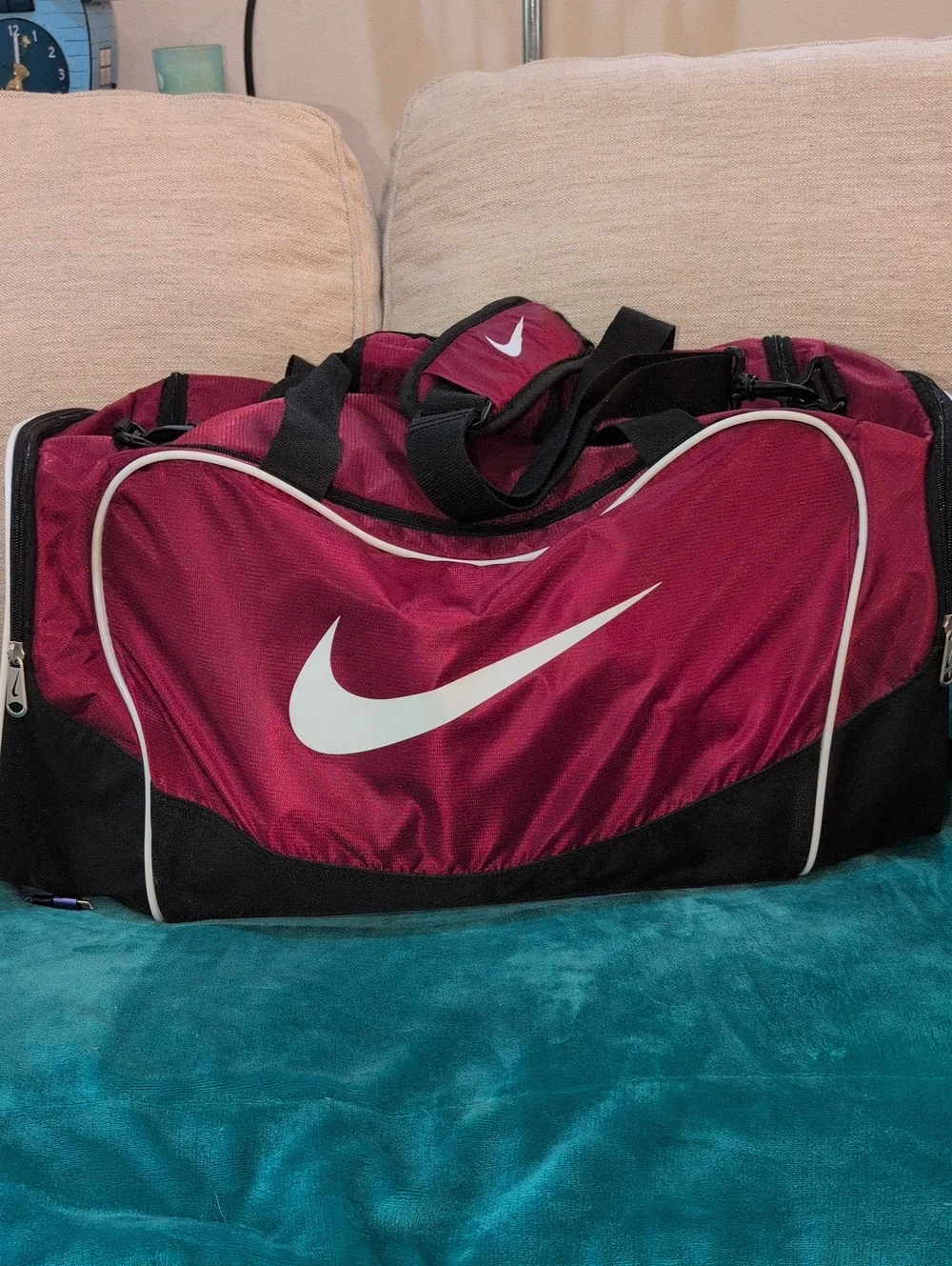 Nike Maroon and Black Duffel with White Swoosh Removable Crossbody Strap